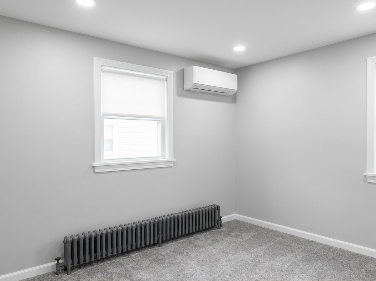 Sleek ductless mini-split heat pump installed on the wall after upgrade
