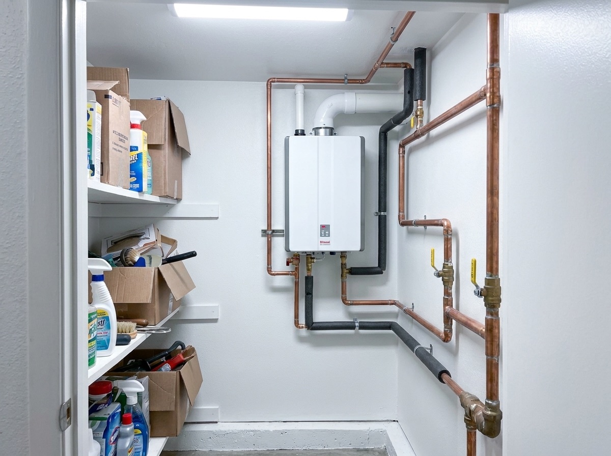 Compact tankless water heater mounted on the wall after replacement